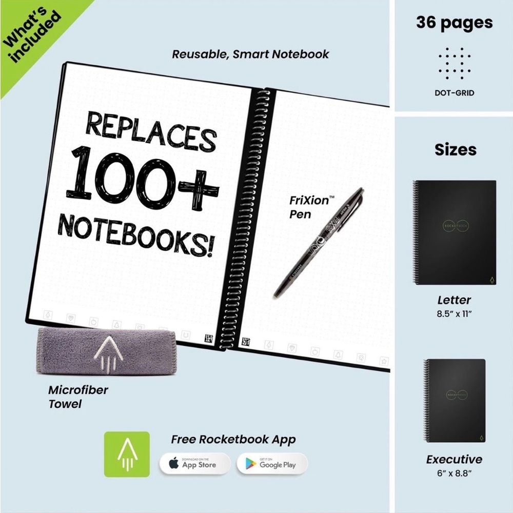 Rocketbook Everlast Smart Notebook Executive Size 6 X 8.8 In Pen & Clean Cloth